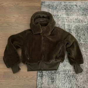 ALO Yoga fuzzy jacket. Removable hood - like new - Dark Green Olive. RARE-